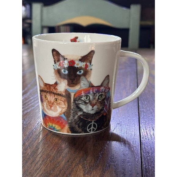 Two Can Art Flower Child Groovy Hippie Cats 13.5 oz Bone China‎ MUG - Picture 1 of 5